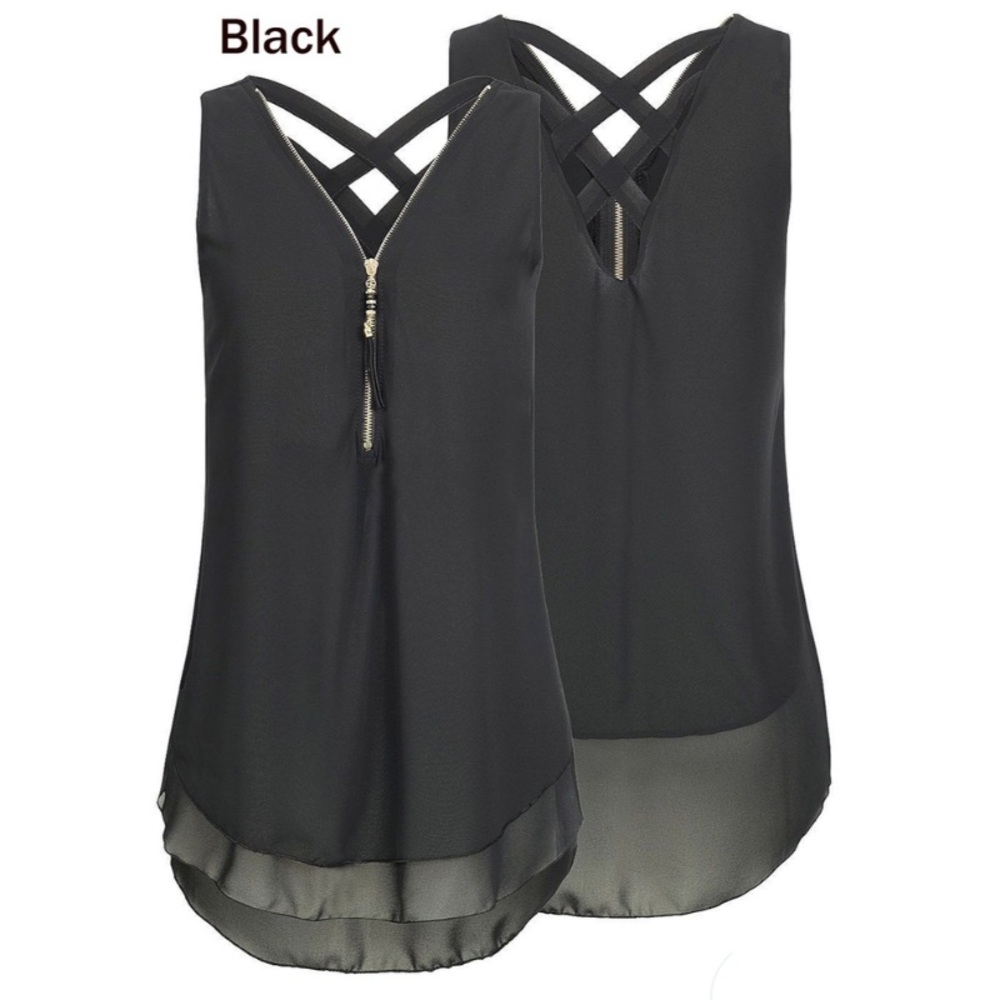 Black Chiffon Zippered Cross Back Tank